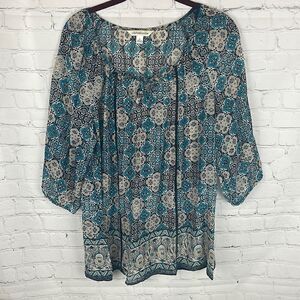 Croft & Barrow Navy, Aqua, Tan Patterned Sheer Blouse Size Large